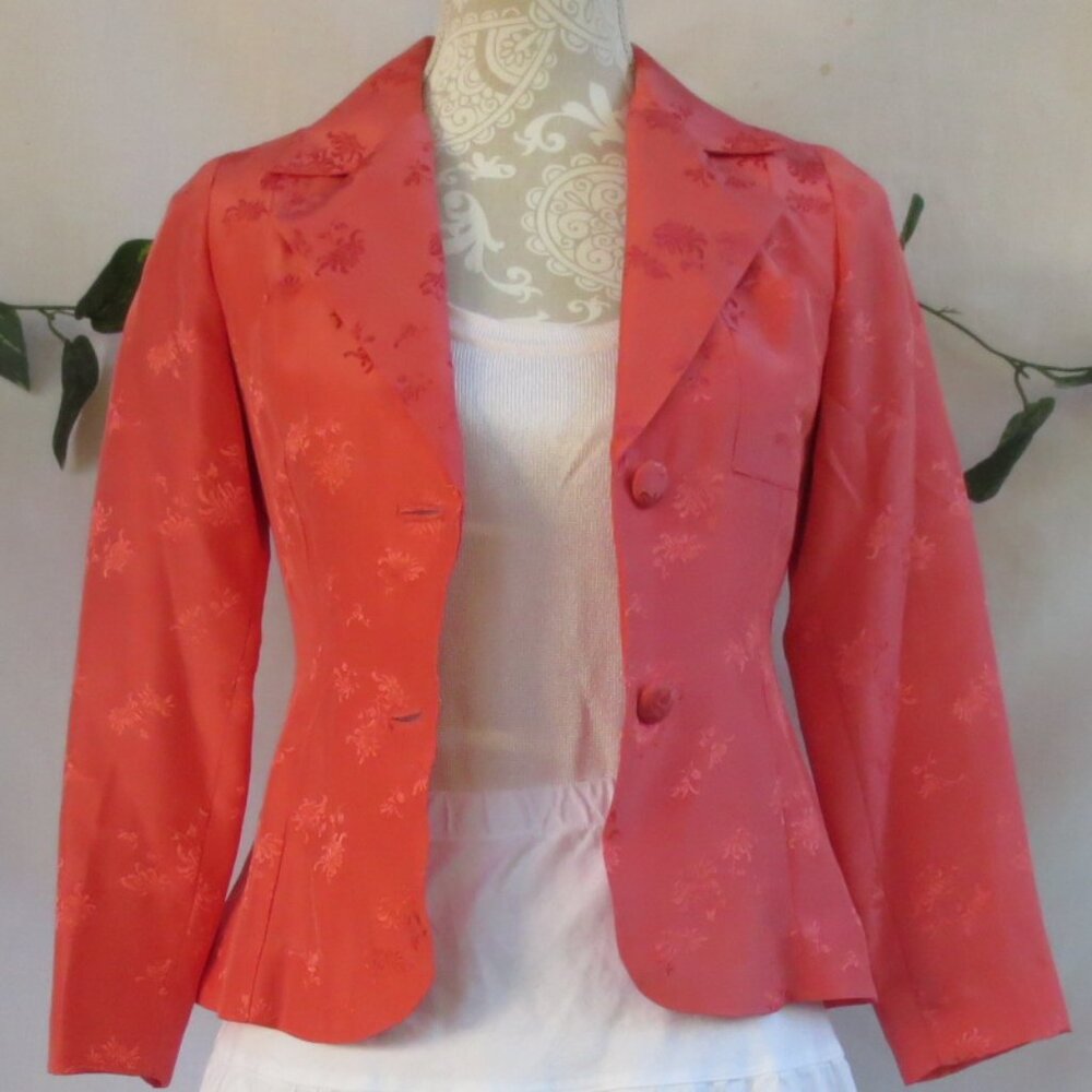 Vintage Jacket Coral Orange Fitted Dressy Asian Floral Brocade Blazer Size SP - Picture 3 of 10
